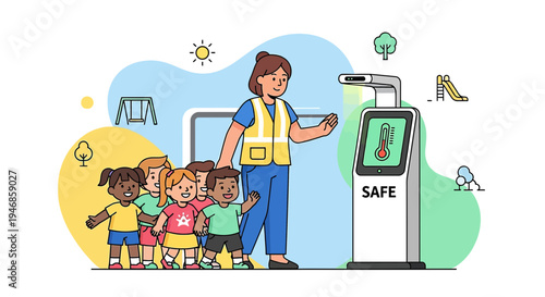 Children and Teacher at Temperature Screening Station at School Playground