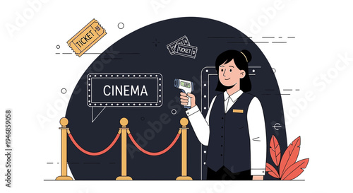 Cinema attendant checks temperature with infrared thermometer at entrance with tickets and movie sign
