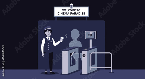 Cinema entrance with temperature check and ticket gate, welcome to Cinema Paradise