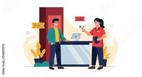 Cinema Ticket Counter: Staff Checks Temperature of Customer Before Entry