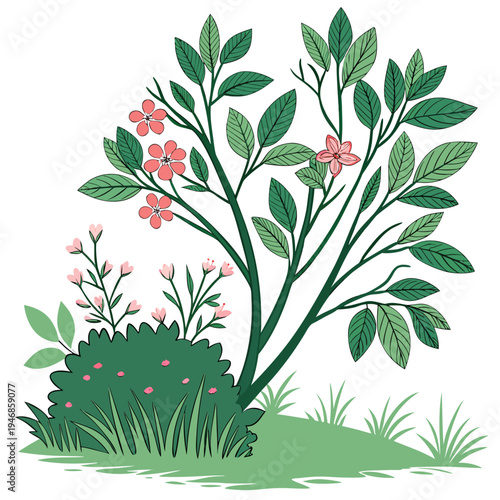 Green bush border cartoon vector illustration isolated on white background. Spring plant with blooming color flowers, natural garden hedge, park or forest design elements, summer landscape shrub. 