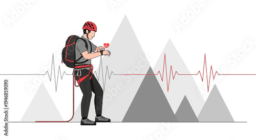 Climber Checks Heart Rate on Smartwatch Amidst Mountain Peaks and ECG Line