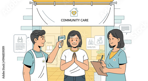 Community care center staff check temperature of visitor for safety