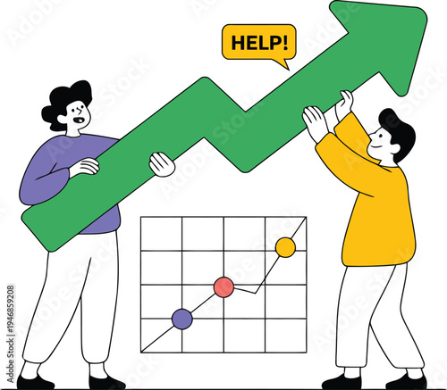 Two people struggling to hold up a large green arrow