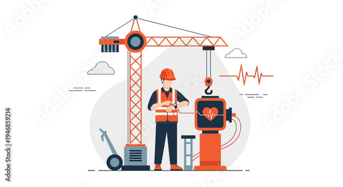 Construction worker with crane, heart monitor, and medical equipment, symbolizing health and safety in industry.