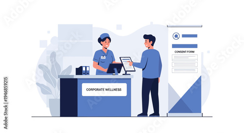 Corporate wellness check-in at reception desk, patient receives form from nurse