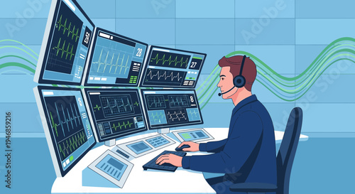 Control Room Operator Monitors Multiple Screens with Data and Graphs