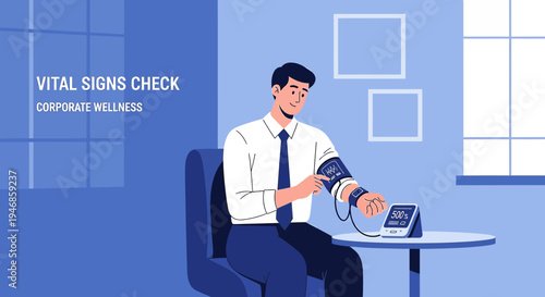 Corporate Wellness: Man Checks Vital Signs, Blood Pressure Monitor, Health Check