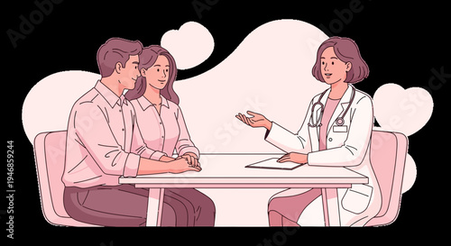 Couple consulting doctor about fertility or pregnancy, medical appointment, healthcare concept