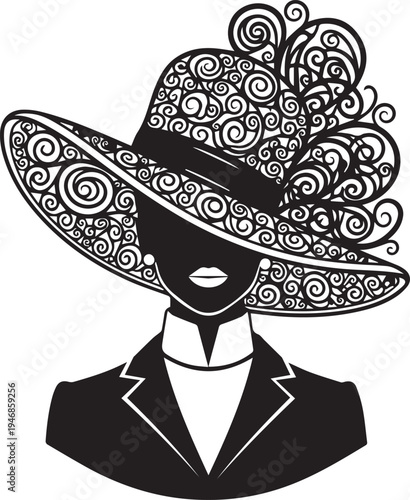 Elegant woman in decorative hat vector silhouette illustration fashion portrait line art