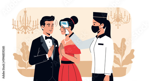 Couple getting temperature checked at event entrance during pandemic