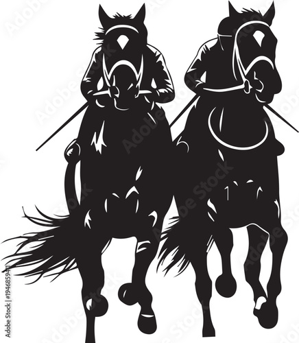 Silhouette illustration of two jockeys racing horses, vector line art