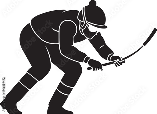 Vector silhouette illustration of jockey riding horse with whip
