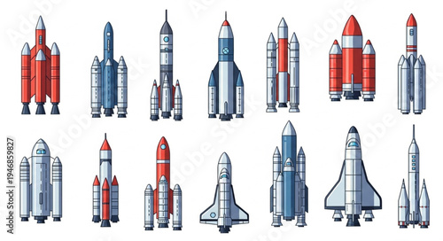 Collection of diverse rockets and spacecraft illustrations.