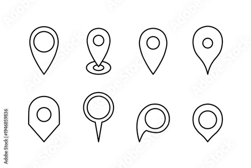 Location pin icon collection representing map marker, navigation point, and GPS location indicator concept.