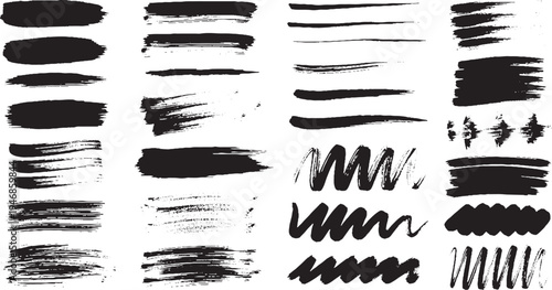 Collection of black ink brush strokes and paint splatter textures with brush stroke with graphic design with hand painted with design element with modern art