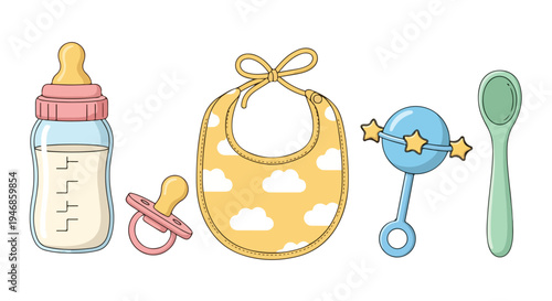 Flat lay of baby essentials including a bottle, pacifier, bib, rattle, and spoon on a white background.