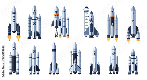 Collection of various rockets and spacecraft on white background.