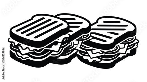 A sleek black vector illustration depicting three appetizing grilled sandwiches with visible fillings. Ideal for menus, food blogs, restaurant apps, and culinary branding.