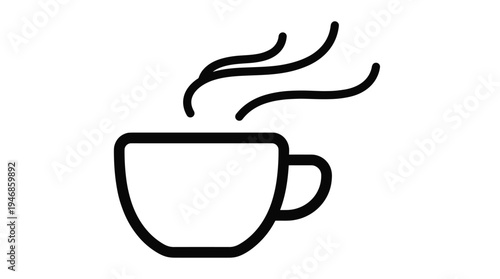 A minimalist black outline vector icon of a steaming hot beverage cup, perfect for web design, apps, or menus, conveying warmth and comfort.
