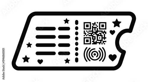 Vector modern event ticket or pass with QR code, loyalty stars, hearts, and wireless payment symbol. Perfect for digital access, loyalty programs, or booking concepts.