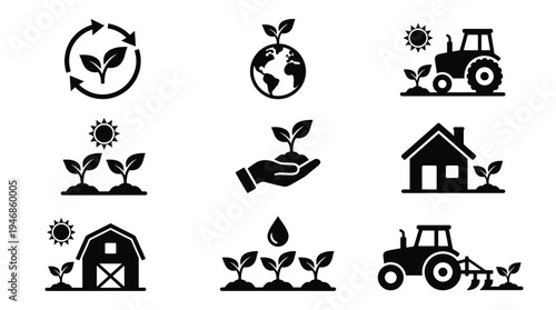 Modern vector icons of agriculture, farming, plant, growth, and environmental sustainability. Ideal for web, infographics, and educational materials promoting eco-friendly practices.