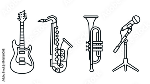 Vector collection of modern outline musical instruments: electric guitar, saxophone, trumpet, and microphone. Ideal for music-themed designs, apps, and web graphics.