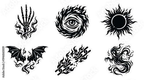 A collection of dark, mystical vector symbols featuring esoteric designs like an all-seeing eye, skeletal hand, sun, bat wings, broken chain, and ghost. Ideal for gothic art, tattoos, and logos.
