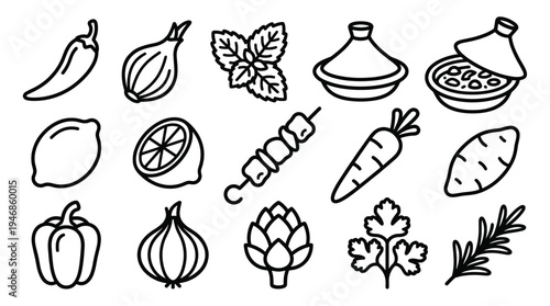 A collection of black outline vector icons featuring fresh ingredients, herbs, spices, and a tajine, perfect for menus or recipe designs.
