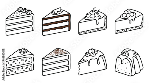 Collection of minimalist outline vector illustrations showcasing various delicious cake and dessert slices. Perfect for bakery menus, coloring books, sweet treat promotions, or food packaging designs.