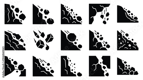 Collection of various black vector icons depicting landslides and rockfalls. Ideal for warning signs, safety, natural hazard infographics, and game assets.