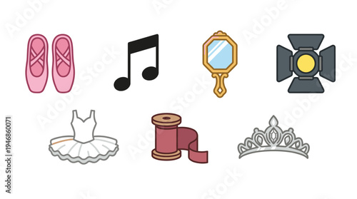 Charming vector icons for ballet, theater, and beauty themes. Features pointe shoes, musical note, mirror, spotlight, tutu, ribbon, tiara. Ideal for creative designs.