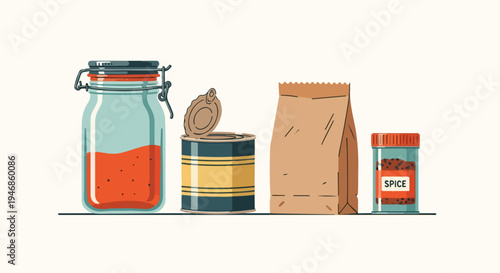 Flat lay illustration of various food containers and packaging on a plain background with a simple composition.