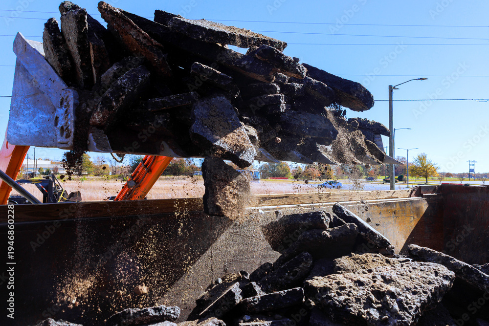 Obraz premium Construction crew removes old concrete in work zone while preparing for new pavement