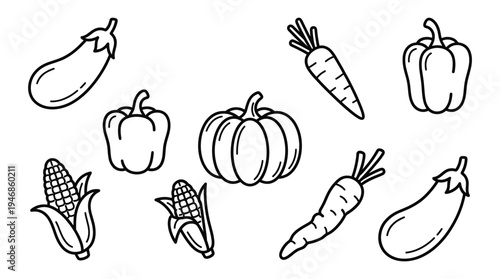 Simple black line art vegetables: eggplant, bell pepper, pumpkin, carrot, and corn. Perfect for healthy eating designs, menus, kids' activities, or educational content.