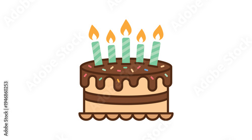 Vibrant cartoon birthday cake featuring chocolate frosting, colorful sprinkles, and five lit candles. Perfect for celebrations, greetings, party invitations, or dessert promotions.