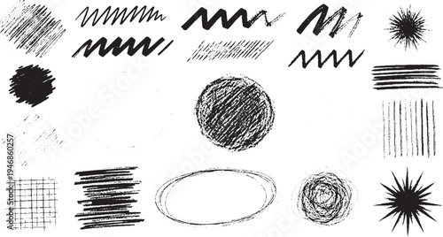 Set of diverse hand-drawn grunge and scribble textures for design, including circles, lines, and splashes, black and white, organic shapes, brush stroke, design element