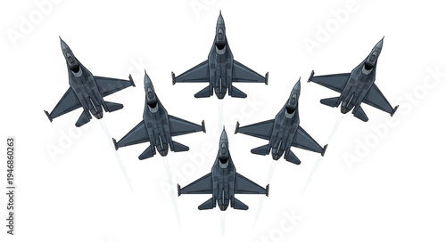 Five Grey Fighter Jets Flying.