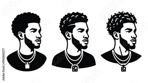 Three modern vector profiles of diverse Black men with stylish curly hair and beards, wearing necklaces. Ideal for fashion, identity, and cultural design.