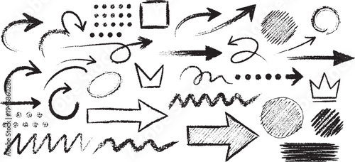Collection of hand-drawn arrows, circles, and dots in sketch style, brush stroke