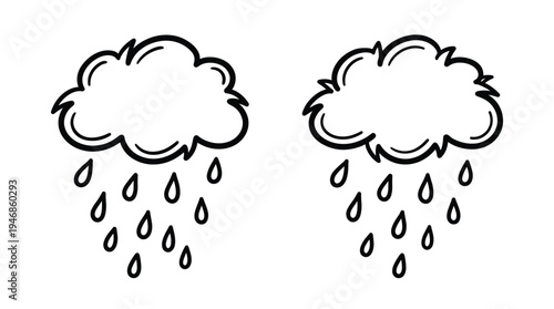 Simple hand-drawn rain clouds with raindrops in a clean vector illustration. Perfect for weather apps, educational content, children's books, or graphic design projects.