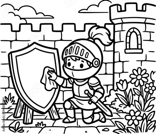 Black and white line art of knight cleaning shield with sword near castle wall and flowers in garden scene