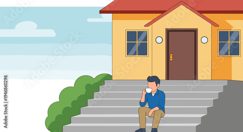 Man sitting on house steps alone.