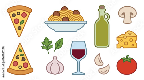 Vibrant flat vector icons for Italian cuisine. Features pizza, pasta, wine, and ingredients, ideal for menus, apps, and web design projects.