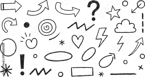 Hand-drawn set of various doodle elements: arrows, question mark, heart, star, and lightning bolt, design elements, black and white, graphic design, exclamation mark