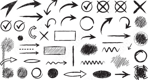 Collection of hand-drawn arrow icons and graphic elements in black and white sketchy style with check mark with brush stroke with design element