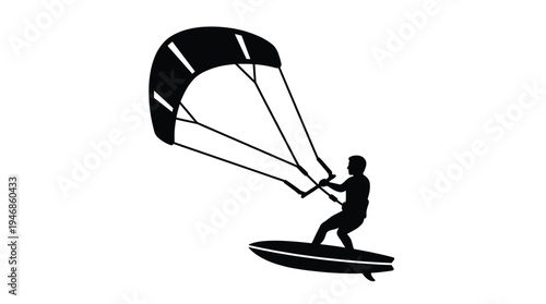 Dynamic black silhouette of a kitesurfer in action. This graphic vector icon symbolizes extreme water sports, freedom, and adventure. Perfect for logos and travel designs.