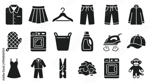 A set of black glyph icons for laundry and garment care. Symbols include washing machine, iron, clothes, and cleaning supplies. Perfect for web, apps, and infographics. Vector.