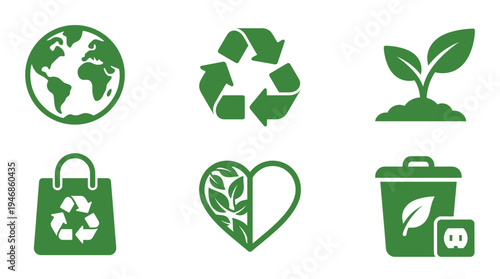 A set of green vector icons representing ecology and sustainability concepts. Includes symbols for earth, recycling, nature, and renewable energy for environmental design projects.