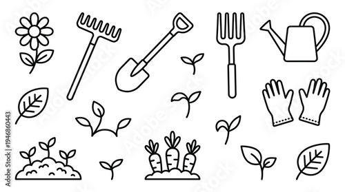 A simple set of outline icons for gardening. Includes tools, plants, and seedlings. Minimalist vector graphics for web design, apps, or materials about agriculture and hobbies.